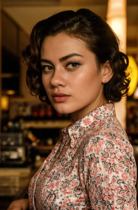 analog film photo solo, realistic, ((indonesian woman)), (((Rocking Marilyn Monroe Curls Hairdo))), (((frustrated))), (((Wearing a Paisley Print Blouse))), ((Inside a 1950s Coffee Shop: Pink uniforms, wooden counter, steaming black coffee)), ((dynamic pose)), PA7_Photo, PA7_Human-Likeness, <lora:PAseer-SD15-LCM Quick:1> <lora:ReaLora:.2> skin <lora:MStyle_-_Photography_Style:1> <lora:[ID]_-_Emma_Kurnia:1> emmakurnia  . faded film, desaturated, 35mm photo, grainy, vignette, vintage, Kodachrome, Lomography, stained, highly detailed, found footage