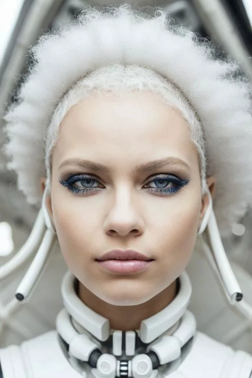 (PA7_Portrait-MS:0.5), low angle face portrait of an african girl, (clear blue eyes:0.8), (white afro hairstyle), (white eyeshadow, white lips), wearing scifi avant-garde LatexTech haute-couture, serious (half-smirk:1.2) expression, in a dark space ship cockpit, dim light