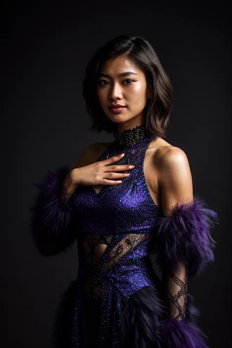 <lora:epiCRealismHelper:0.7>, epiCRealism, fashion photography, portrait photograph of striking facial features asian woman, short hair, makeup, wearing purple intricate feather dress, cinematic lighting, volumetric lighting, (dark grey background:1.2), dust,( wind:1.1), shot on Hasselblad X2D 100C, 80mm lens, depth of field, bokeh, film grain, vivid color, female poses, expressive female portrait, (upper body shot:1.6)