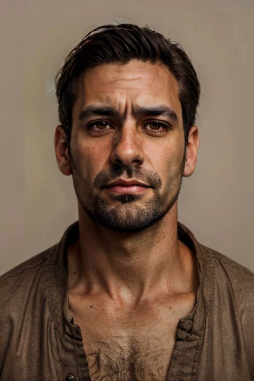 a photo of a 35 years old brunette AlexanderNobody, detailed brown eyes, detailed skin, facial hair,  upper body shot, simple background, soft lighting, eye level, in the style of Nathan Wirth