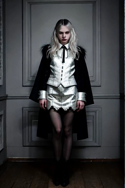 (PA7_Portrait-MS:0.5), portrait of a short russian woman, (round hips:0.4), white wavy hair, black locks, tf_silver_, wearing avant-garde haute-couture,  in a dark room