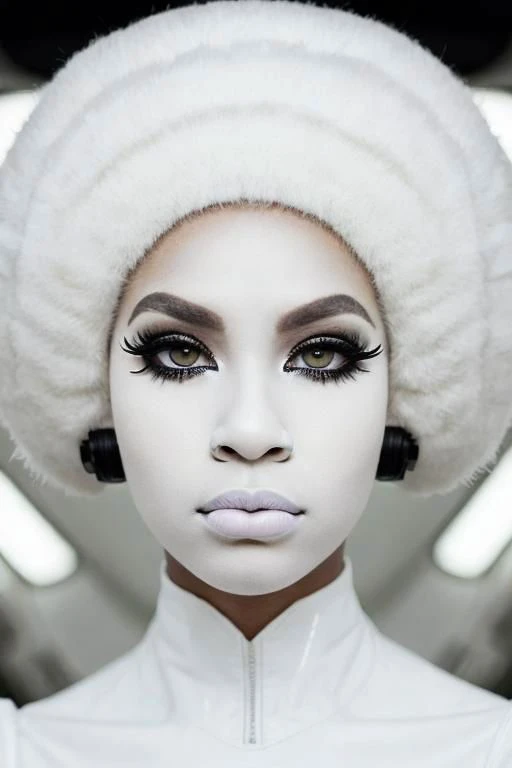 (PA7_Portrait-MS:0.5), low angle face portrait of an (black african girl:1.5), (clear blue eyes:0.8), (white afro hairstyle), (white eyeliner, white lips:1.5), wearing scifi avant-garde LatexTech haute-couture, serious (half-smirk:1.2) expression, in a dark space ship cockpit, dim light