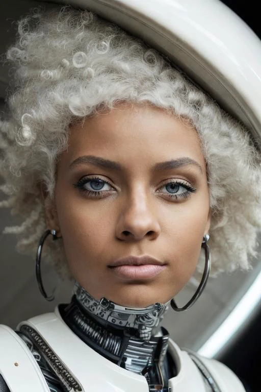 (PA7_Portrait-MS:0.5), low angle face portrait of an african girl, (clear blue eyes:0.8), (white afro hairstyle), (white eyeshadow, white lips), wearing scifi avant-garde LatexTech haute-couture, serious (half-smirk:1.2) expression, in a dark space ship cockpit, dim light