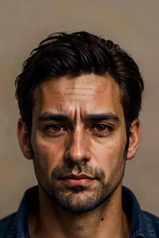 a photo of a 35 years old brunette AlexanderNobody, detailed brown eyes, detailed skin, facial hair, upper body shot, simple background, soft lighting, eye level, in the style of Nathan Wirth