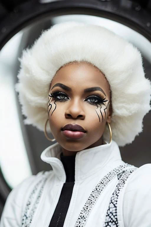 (PA7_Portrait-MS:0.5), low angle face portrait of an (black african girl:1.5), (clear blue eyes:0.8), (white afro hairstyle), (white eyeliner, white lips:1.5), wearing scifi avant-garde LatexTech haute-couture, serious (half-smirk:1.2) expression, in a dark space ship cockpit, dim light