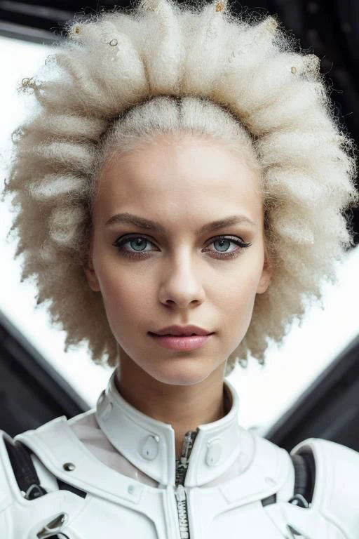 (PA7_Portrait-MS:0.5), low angle face portrait of an african girl, (clear blue eyes:0.8), (white afro hairstyle), (white eyeshadow, white lips), wearing scifi avant-garde LatexTech haute-couture, serious (half-smirk:1.2) expression, in a dark space ship cockpit, dim light