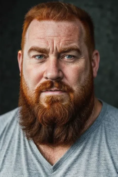 beefy, bearded, handsome, chubby, rascal, face, male, realistic, sorry, sad, red head, 55-years-old,
