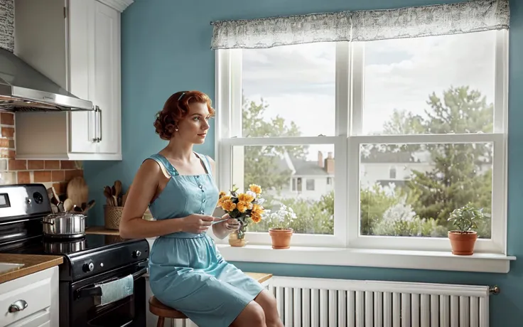 (full body, wide angle, style of Hasselblad,cinematic establishing shot:1.3),photo of early twenties woman sitting++ in kitchen from the side head turned look at window,available light,classic black Mary Jane shoes,classic 1950's style kitchen,authentic time period details,vintage American home,nostalgic ambiance,housewife character,seated on an undersized chair,gazing thoughtfully out the window,embodying a melancholy mood. Outfit: elegant aqua dress with crisp white collar and trim,period-accurate style,auburn hair styled in a typical 1950s fashion,ginger feature,thoughtful expression,wearing white apron++. Kitchen setting: oven,stove,(vibrant reddish orange cabinets),chrome handles and formica countertops,intage rotary phone,window blinds casting striped shadows,potted plant,toaster oven,hanging kitchen utensils,smooth lighting,