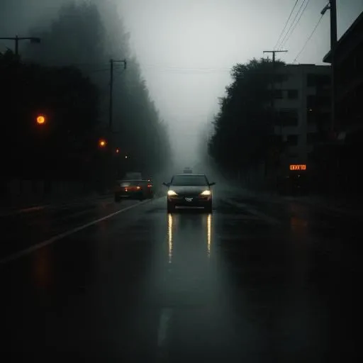 a dark photo of a car driving on a street, effect of rain, hazy, fog and bright lights, in the style of kris knight, beeple, elsa bleda, california impressionism, cinematic sets, atmospheric, faded film, optical flares, Establishing Shot, Sony a7S III with Sony FE 50mm f/1.4 ZA lens, Cool Color Palette, Dreamcore or Weirdcore, Retro reflection