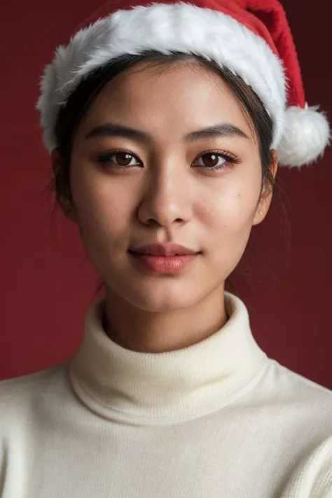 Fashion photography, half length portrait of an asian woman, striking facial features, short hair, natural makeup, middle smile, wearing turtleneck sweater, Santa hat, red background, shot on Fujifilm XT3, 50mm lens, Fuji color, fashion modeling poses, epiCRealism