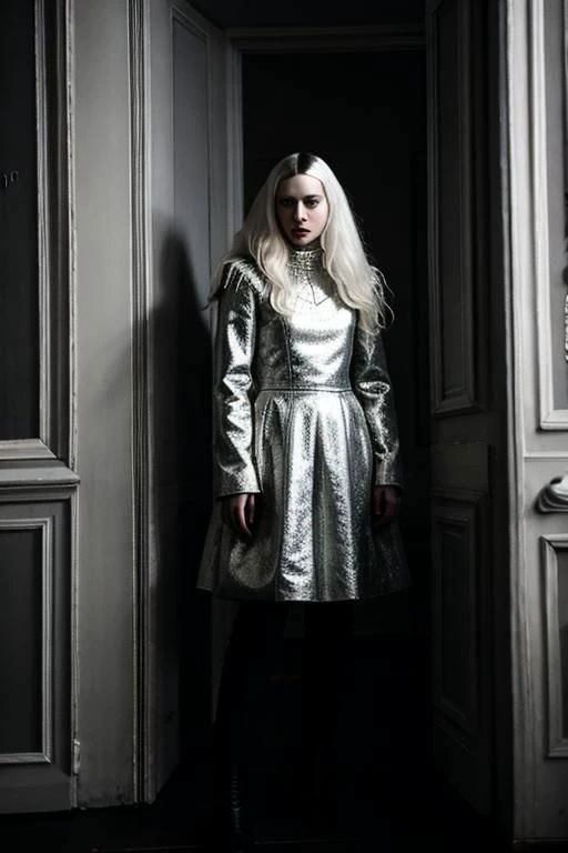 (PA7_Portrait-MS:0.5), portrait of a short russian woman, (round hips:0.4), white wavy hair, black locks, tf_silver_, wearing avant-garde haute-couture,  in a dark room