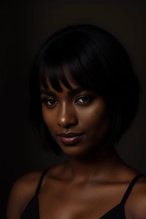 Raw photo, portrait of  dark skinned HOT 28 y.o african woman, BREAK very short haircut style, bangs, BREAK goddess of fertility, makeup, dark lipstick, mascara, eyeliner, fake eyelashes, dark theme, soothing tones, muted colors, high contrast, (natural skin texture, hyperrealism, sharp details), (((perfect face))), [freckles:0.3], BREAK wearing an african print attire dress, cloded smile, BREAK studio lighting, low key light, dimly lit, BREAK arabian clothing background, BREAK Fujifilm XT3, Fujifilm XF 56mm, f/1.2, depth of field, bokeh, film grain, absurdres, high contrast, photorealistic, centered, best composition, rule of third, award winning photography, modelshoot, film photography, professional photography, dslr, detailed shadows,(medium shot:1.5), (looking at viewer),