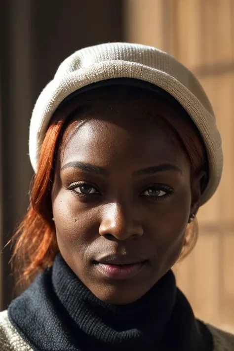 Candid photography, closeup selfie photo of beautiful 35 year Congolese, (redhead straight), confident, turned sideways looking at camera, stark shadows, moisture reflection, tonal gradation, age wrinkles, skin pores, ((hat)), striped turtleneck, Ski lodge gathering, epiCRealism