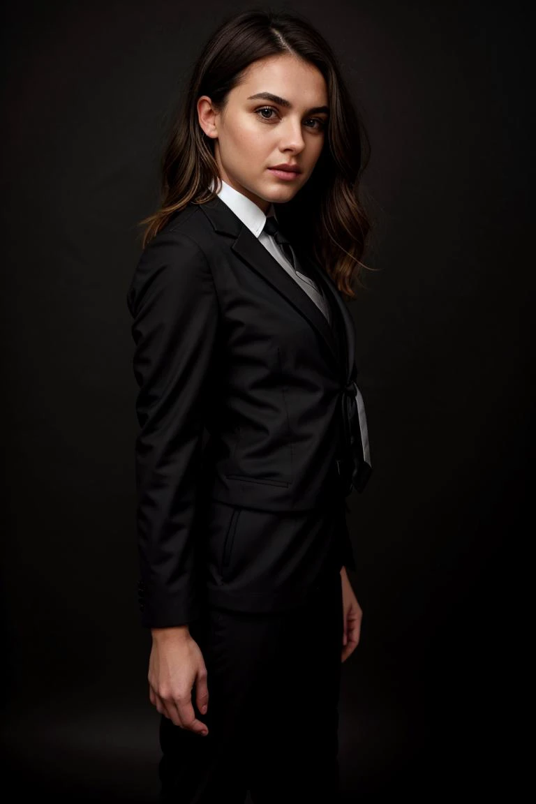 RAW photo, (tvPeyton_Roi_List_v1:0.5 tv_Dana_Black_MXAI_V1:0.5) , pensive expression,standing, ((wearing suit and tie)), ((black background)), shot from the side, full body shot, flirting with the camera, instagram pose, photo, f1.4, 40mm, raw, 8k, textured skin, skin pores, intricate details, PA7_Photo <lora:detail_slider_v4:0.5>