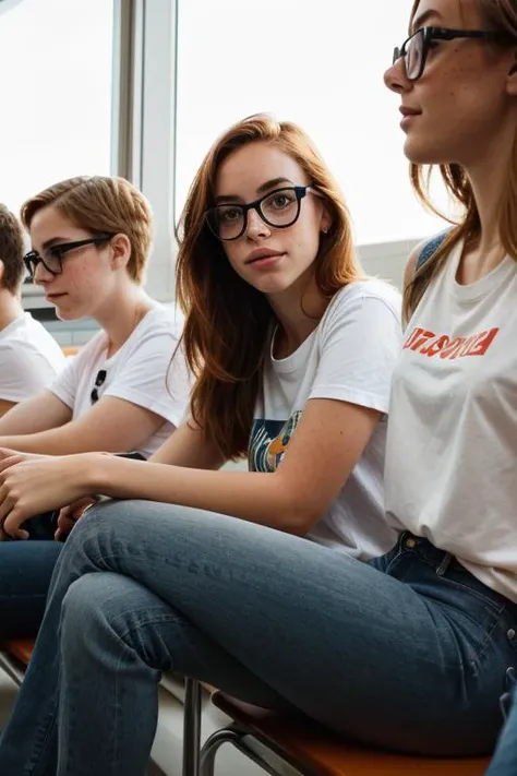 photo close-up of a young woman sitting in a crowded lecture hall, t-shirt, jeans, glasses, looking to the side, detailed skin, freckles, natural light in summer fcPortrait hayl3y-001