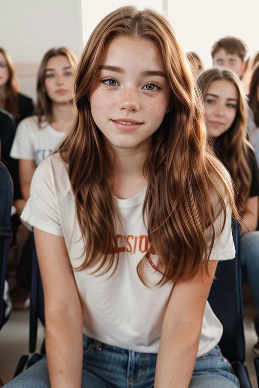 DV_Manuela_Vicious , photo close-up of a young woman sitting in a crowded lecture hall, t-shirt, jeans, glasses, looking to the side, detailed skin, freckles, natural light in summer<lora:mobile:0.8>