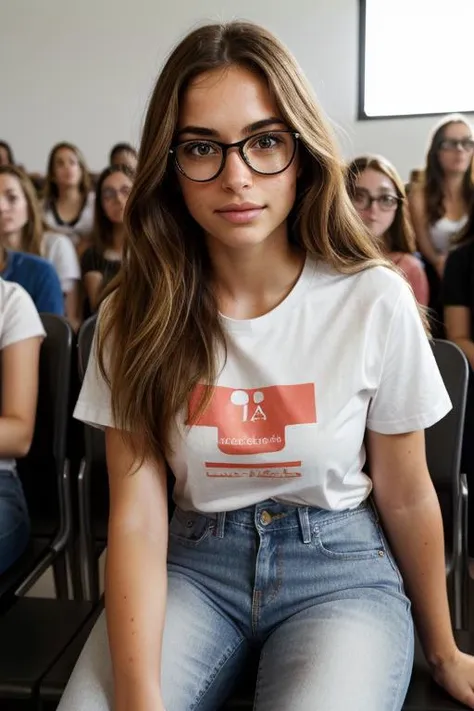 photo close-up of a young woman sitting in a crowded lecture hall, t-shirt, jeans, glasses, looking to the side, detailed skin, freckles, natural light in summer fcPortrait KarismaClaus