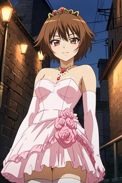 masterpiece, best quality, ultra-detailed, glistening shiny, glowing light, ray tracing, HDR, deph of field, (perfect face, detailed face),<lora:SwingChinatsu-000008:0.7> ,1girl, solo, sschinatsu, brown eyes, short hair, bare shoulders, pink  dress, wedding dress,pink elbow gloves, jewelry, tiara, white thighhighs, standing, outdoors