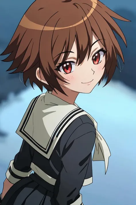 masterpiece, best quality, ultra-detailed, glistening shiny, glowing light, ray tracing, HDR, deph of field, (perfect face, detailed face),<lora:SwingChinatsu-000008:0.7> ,1girl, solo, sschinatsu, smile, serafuku, white sailor collar, short hair, black skirt, black thighhighs, from behind, back view, looking at viewer, standing