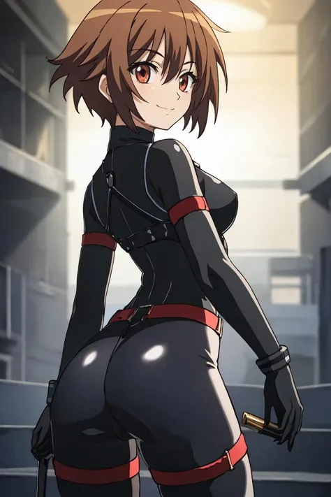 masterpiece, best quality, ultra-detailed, glistening shiny, glowing light, ray tracing, HDR, deph of field, (perfect face, detailed face),<lora:SwingChinatsu-000008:0.7> ,1girl, solo, sschinatsu, brown eyes, short hair, smile, bodysuit, thigh strap, harness, ass, from behind, bare back, standing, cowboy shot,