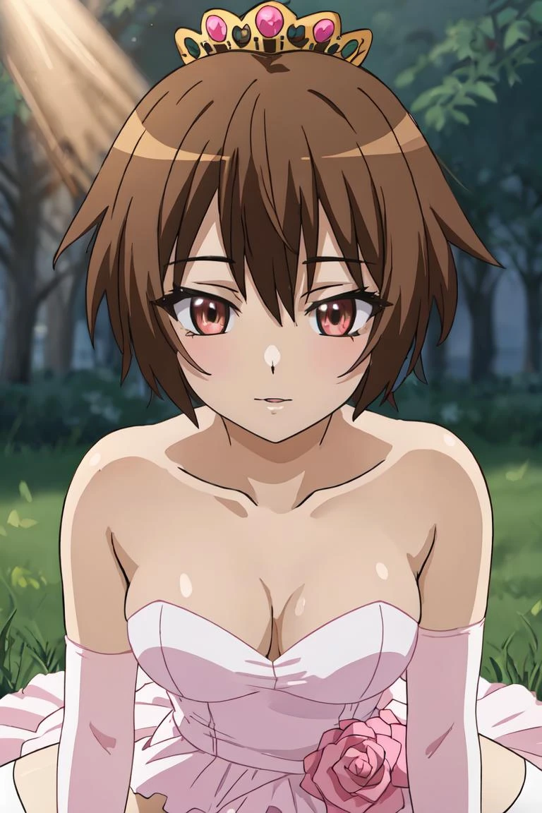 masterpiece, best quality, ultra-detailed, glistening shiny, glowing light, ray tracing, HDR, deph of field, (perfect face, detailed face),<lora:SwingChinatsu-000008:0.7> ,1girl, solo, sschinatsu, brown eyes, short hair, bare shoulders, wedding dress,pink elbow gloves, tiara, white thighhighs, sitting, spread legs, outdoors