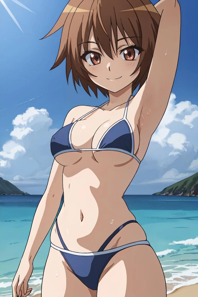 masterpiece, best quality, ultra-detailed, glistening shiny, glowing light, ray tracing, HDR, deph of field, (perfect face, detailed face),<lora:SwingChinatsu-000008:0.7> ,1girl, solo, sschinatsu, brown eyes, short hair, smile, medium breasts, micro bikini, underboob, armpits, standing, cowboy shot, beach