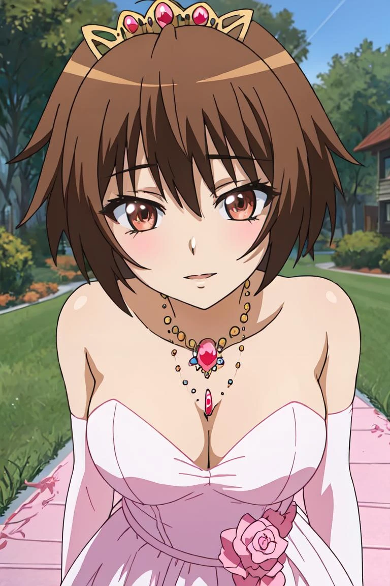 masterpiece, best quality, ultra-detailed, glistening shiny, glowing light, ray tracing, HDR, deph of field, (perfect face, detailed face),<lora:SwingChinatsu-000008:0.7> ,1girl, solo, sschinatsu, brown eyes, short hair, bare shoulders, pink dress, wedding dress,pink elbow gloves, jewelry, tiara, white thighhighs, standing, outdoors