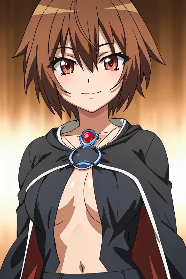 masterpiece, best quality, ultra-detailed, glistening shiny, glowing light, ray tracing, HDR, deph of field, (perfect face, detailed face),<lora:SwingChinatsu-000008:0.7> ,1girl, solo, sschinatsu, brown eyes, short hair, smile, medium breasts, naked cape, standing, cowboy shot,