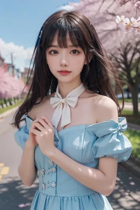 Highest quality, masterpiece, look up, cute,(Horror),(((Beautiful girl))),(Sexy),(sexy),((Small breasts)),Baby Face,(Blue dress,Summer clothes),(Middle school students),Black Hair,Beautiful Style,((White skin)),Sensual look,Embarrassed,Sexy表情,Heavy makeup,Expressions of delight