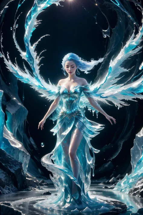 A magnificent sorceress inside a bright cavern, surrounded by melted ice. She stands amidst swirling water and frost, as she casts an water spell making droplets float in the air. With her eyes closed, she is focused and concentrated, <lora:ral-dissolve:0.3> ral-dissolve, <lora:duobackground:0.3>, <lora:water_concept:0.6> fullwater