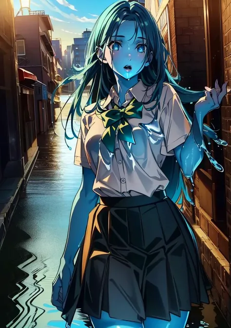 (girl by Fullwater:1), cute, curvy, cute pose, long hair, (liquid body, liquid, water, blue skin:1.2), (very long hair, school uniform, skirt:1.2), ((water)),
(detailed ladscape, city, street:1.2),(detailed background),detailed landscape, (dynamic angle:1.2), (dynamic pose:1.2), solo, wide shot,
(masterpiece:1.2), (best quality, highest quality), (ultra detailed), (8k, 4k, intricate),(full-body-shot), (Cowboy-shot:1.4), (50mm), (highly detailed:1.2),(detailed face:1.2), detailed_eyes,(gradients),(ambient light:1.3),(cinematic composition:1.3),(HDR:1),Accent Lighting,extremely detailed CG unity 8k wallpaper,original, highres,(perfect_anatomy:1.2),
<lora:water_concept-20:0.6>