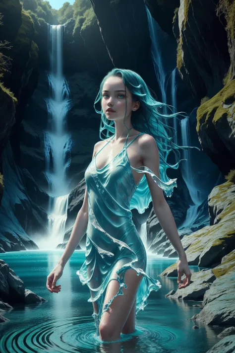 (girl by Fullwater:1), (liquid body, liquid, water, blue skin: 1), in waterfall, fantasy background, blue lighting, artistic, wearing teal strap dress, (medium closeup), <lora:water_concept-10:0.8>