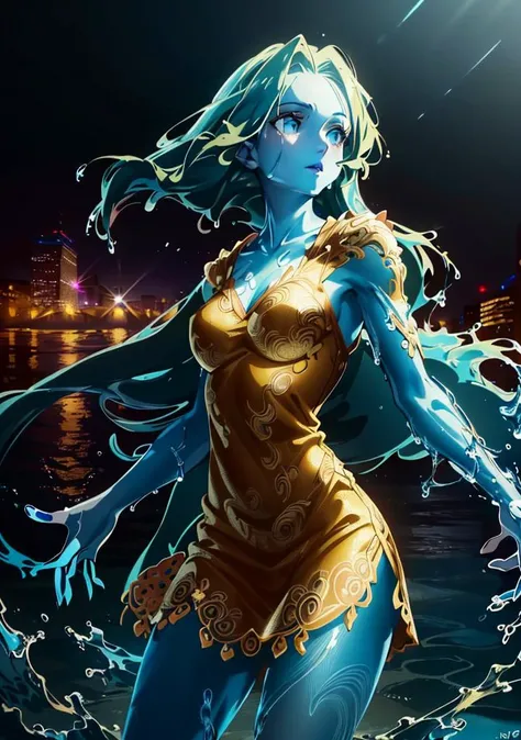 (girl by Fullwater:1), cute, curvy, cute pose, long hair, (liquid body, liquid, water, blue skin:1.2), (very long hair, short dress:1.2), ((water)),
(detailed ladscape, city, street:1.2),(detailed background),detailed landscape, (dynamic angle:1.2), (dynamic pose:1.2), solo, wide shot,
(masterpiece:1.2), (best quality, highest quality), (ultra detailed), (8k, 4k, intricate),(full-body-shot), (Cowboy-shot:1.4), (50mm), (highly detailed:1.2),(detailed face:1.2), detailed_eyes,(gradients),(ambient light:1.3),(cinematic composition:1.3),(HDR:1),Accent Lighting,extremely detailed CG unity 8k wallpaper,original, highres,(perfect_anatomy:1.2),
<lora:water_concept-20:0.75>