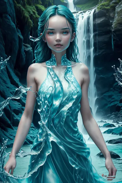 (girl by Fullwater:1), (liquid body, liquid, water, blue skin: 1), in waterfall, fantasy background, blue lighting, artistic, wearing teal strap dress, (medium closeup), <lora:water_concept-10:0.8>