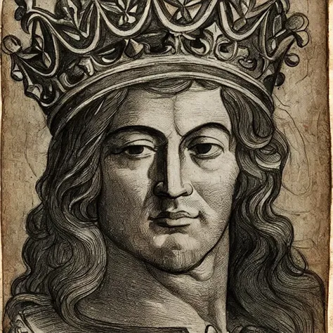 a medieval drawing of a king wearing a crown, (a charcoal drawing) <lora:MINT_ArtistToolLORA_v1:1.0>