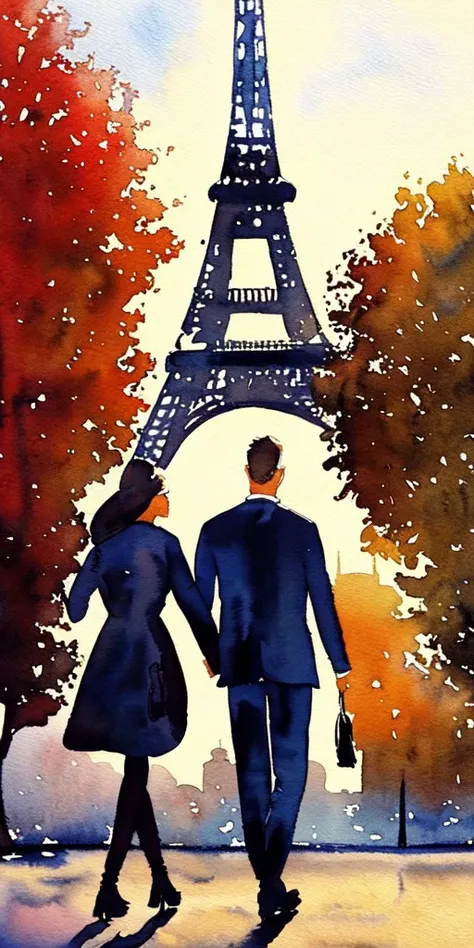 a painting of a couple walking in front of the eiffel tower in paris, france, (a watercolor painting) <lora:MINT_ArtistToolLORA_v1:1.0>