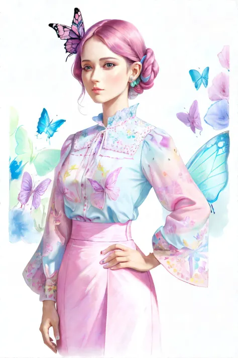 <lora:mint:1.0>, (pastel drawing), woman wearing wearing butterfly-sleeve blouse in vibrant prints with billowy sleeves || <lora:mint:1.0>, masterpiece, perfect quality, sharp focus, shallow depth of field, 8k