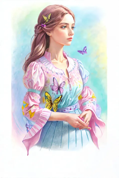 <lora:mint:1.0>, (pastel drawing), woman wearing wearing butterfly-sleeve blouse in vibrant prints with billowy sleeves || <lora:mint:1.0>, masterpiece, perfect quality, sharp focus, shallow depth of field, 8k