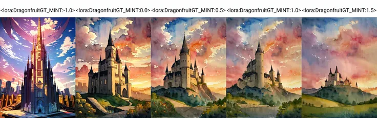 a castle on a hill with a sunset in the background and clouds in the sky above it, (a watercolor painting) <lora:DragonfruitGT_MINT:-1.0>