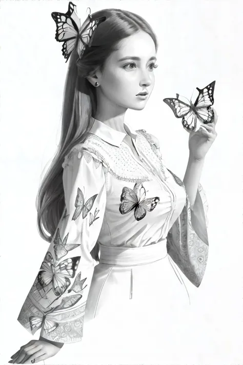 <lora:mint:1.0>, (pencil drawing), woman wearing wearing butterfly-sleeve blouse in vibrant prints with billowy sleeves || <lora:mint:1.0>, masterpiece, perfect quality, sharp focus, shallow depth of field, 8k
