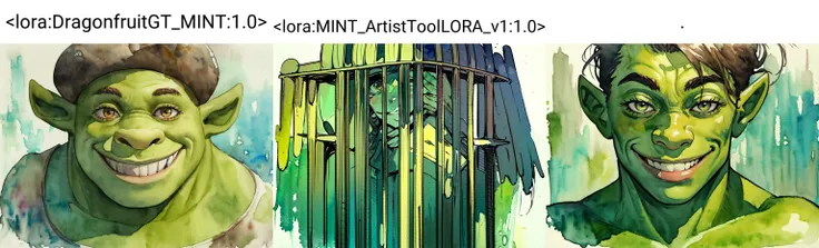 masterpiece, best quality, (a watercolor painting), solo, dynamic pose, cowboy shot, looking at viewer, detailed background, detailed face, shrex, green skin, <lora:ShrekDoguVersion2:0.7>, naughty smile, <lora:DragonfruitGT_MINT:1.0>