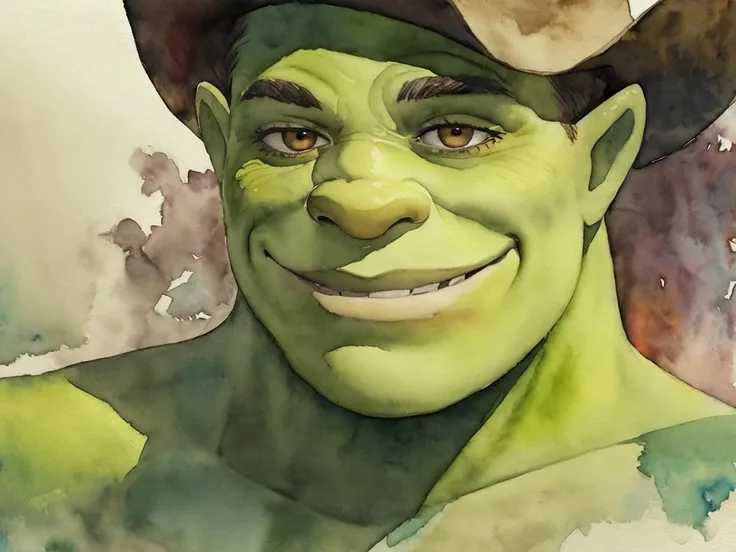 masterpiece, best quality, (a watercolor painting), solo, dynamic pose, cowboy shot, looking at viewer, detailed background, detailed face, shrex, green skin, <lora:ShrekDoguVersion2:0.7>, naughty smile, <lora:DragonfruitGT_MINT:1.0>
