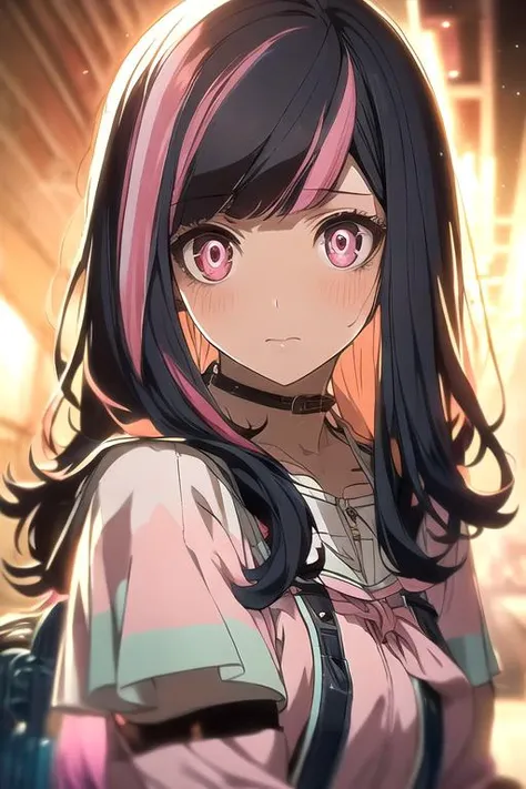 masterpiece, best quality, illustration, 1girl, solo, looking at viewer, upper body, depth of field, <lora:ordinary_person_akudama_drive:0.76>, ordinary_person_akudama_drive, black hair, , streaked hair, pink hair, long hair, pink eyes, fairy costume, sci-fi,