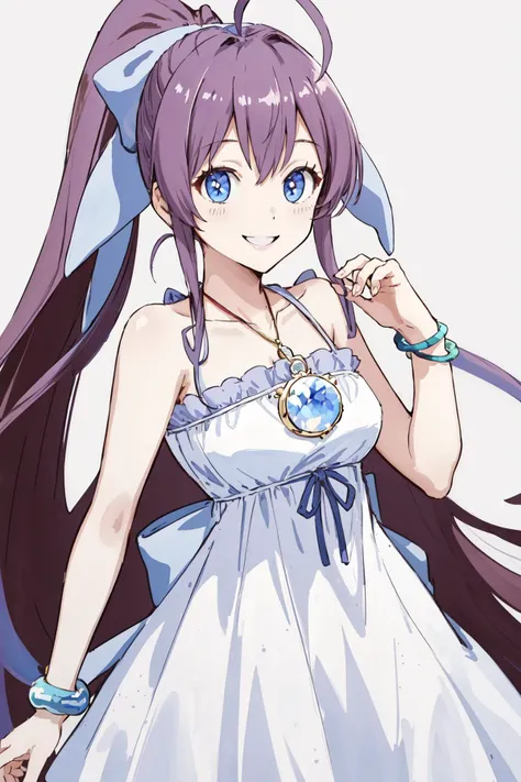 masterpiece, best quality, highres, 1girl ahoge ponytail hair bow, bare shoulders sleeveless white dress ribbon pendant bracelet frills <lora:nanana:1> smile