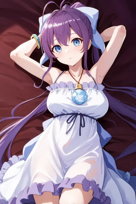masterpiece, best quality, highres, 1girl ahoge ponytail hair bow, bare shoulders sleeveless white dress ribbon pendant bracelet frills <lora:nanana:1> lying on back, arms up, bed sheet