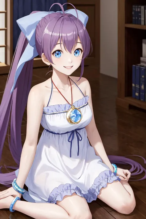 masterpiece, best quality, highres, 1girl ahoge ponytail hair bow, bare shoulders sleeveless white dress ribbon pendant bracelet frills <lora:nanana:1> sitting, wariza, smile