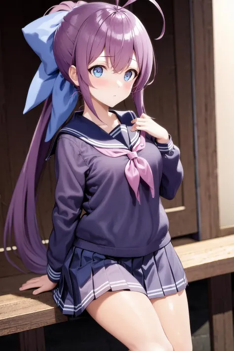masterpiece, best quality, highres, 1girl ahoge ponytail hair bow <lora:nanana_no_outfit:1> school uniform, serafuku, pleated skirt