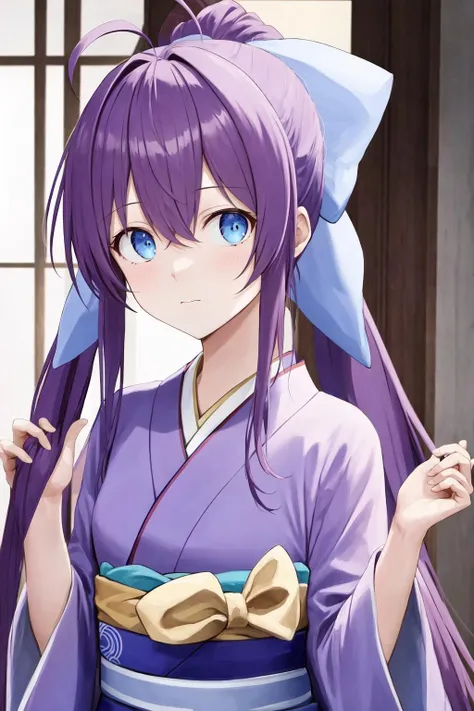 masterpiece, best quality, highres, 1girl ahoge ponytail hair bow <lora:nanana_no_outfit:1> kimono