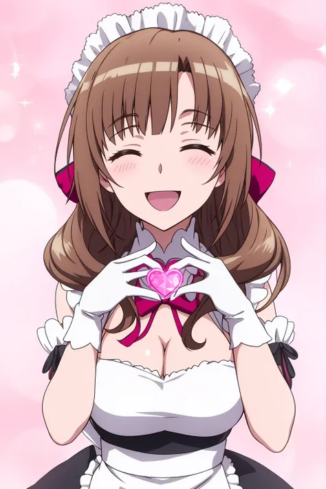 mamako, 1girl, solo, long_hair, breasts, smile, open_mouth, bangs, large_breasts, simple_background, brown_hair, gloves, white_background, dress, bow, ribbon, cleavage, bare_shoulders, collarbone, closed_eyes, hair_ribbon, upper_body, short_sleeves, :d, heart, detached_sleeves, alternate_costume, puffy_sleeves, white_gloves, parted_bangs, maid, maid_headdress, no_humans, sparkle, detached_collar, ^_^, pink_background, facing_viewer, mature_female, enmaided, heart_hands, puffy_detached_sleeves