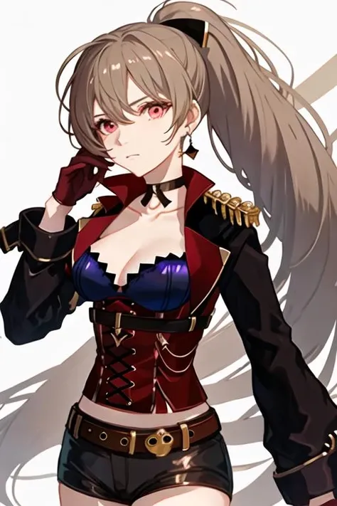 1girl,masterclass,best quality, illustration, smile, outdoor, watercraft,standing,cowboy_shot, JeanBartDefault, aiguillette, epaulettes,   black_belt, black_choker, black_jacket, black_shorts,   cleavage,  collarbone, earrings, half_gloves,  high_heels, long_sleeves,   midriff_peek, o-ring_choker,  red_gloves,  short_shorts,   single_thighhigh,  skull_belt,  vertical-striped_thighhighs,   mismatched_legwear,  hair_bow, red_jacket,   red_corset, high_ponytail, black_bow, high_collar,